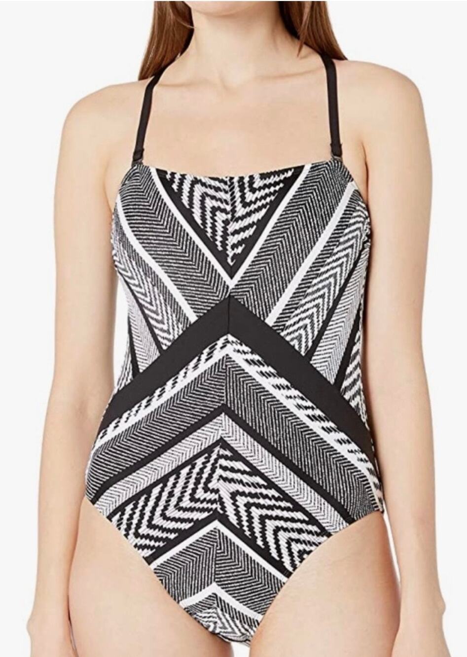 Kenneth Cole Black White Bandeau One Piece Swim Suit S NWOT